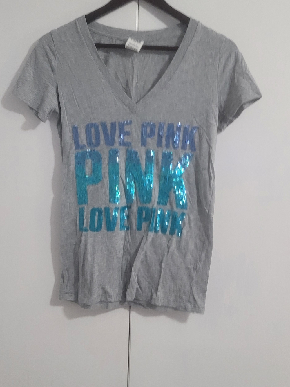 PINK Victoria's Secret Bling With Gray V-Neck Tee with Blue Sequin Logo
